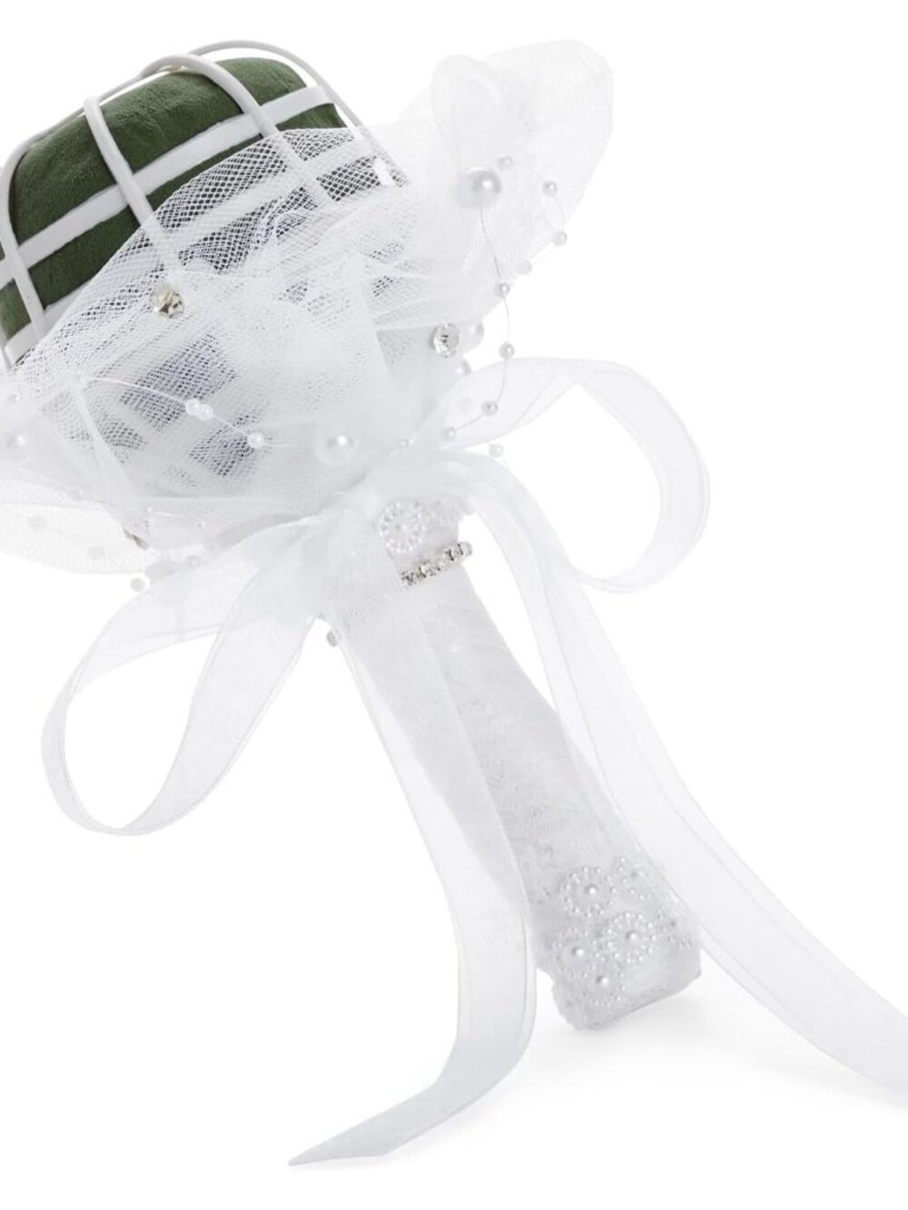 Wedding Bouquet Holder - 3 x 7 in, White Lace & Rhinestones - Foam Bridal Bouque